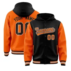 Black Orange Raglan Full-Snap Varsity Letterman Two Tone Hoodie Jacket