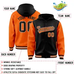 Black Orange Raglan Full-Snap Varsity Letterman Two Tone Hoodie Jacket 4