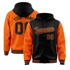 Black Orange Raglan Full-Snap Varsity Letterman Two Tone Hoodie Jacket