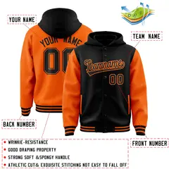 Black Orange Raglan Full-Snap Varsity Letterman Two Tone Hoodie Jacket 4