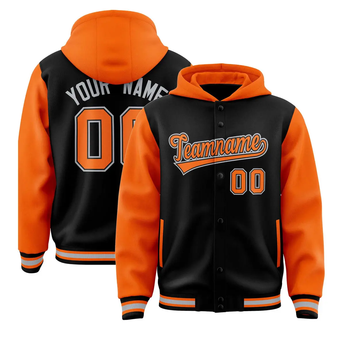 Black Orange Raglan Full-Snap Varsity Letterman Two Tone Hoodie Jacket