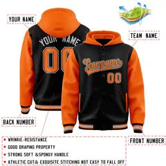 Black Orange Raglan Full-Snap Varsity Letterman Two Tone Hoodie Jacket 4