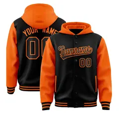 Black Orange Raglan Full-Snap Varsity Letterman Two Tone Hoodie Jacket 1