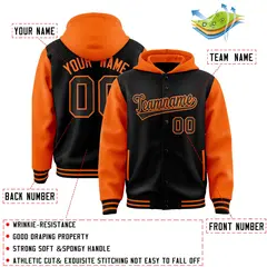 Black Orange Raglan Full-Snap Varsity Letterman Two Tone Hoodie Jacket 4