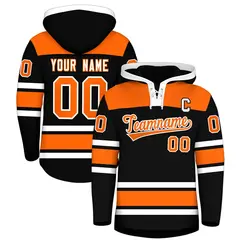 Black Orange Raglan Lace-Up Neck Hockey Hoodie Jersey 1