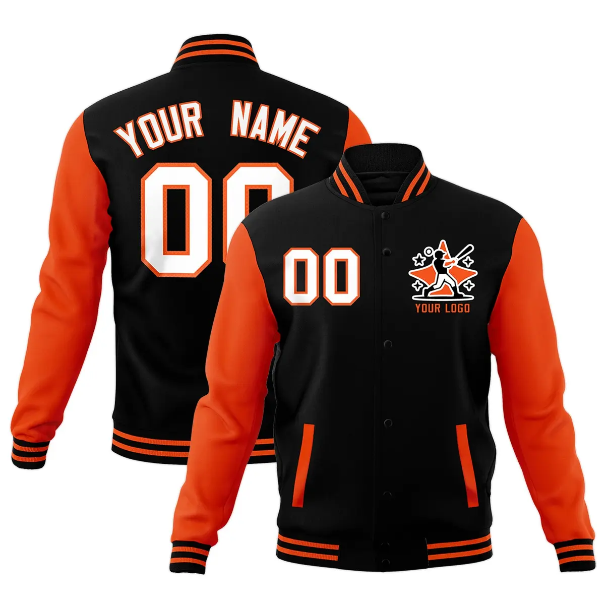 Black Orange Raglan Sleeves Letterman Cotton Full-Snap Jacket