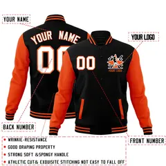 Black Orange Raglan Sleeves Letterman Cotton Full-Snap Jacket 2