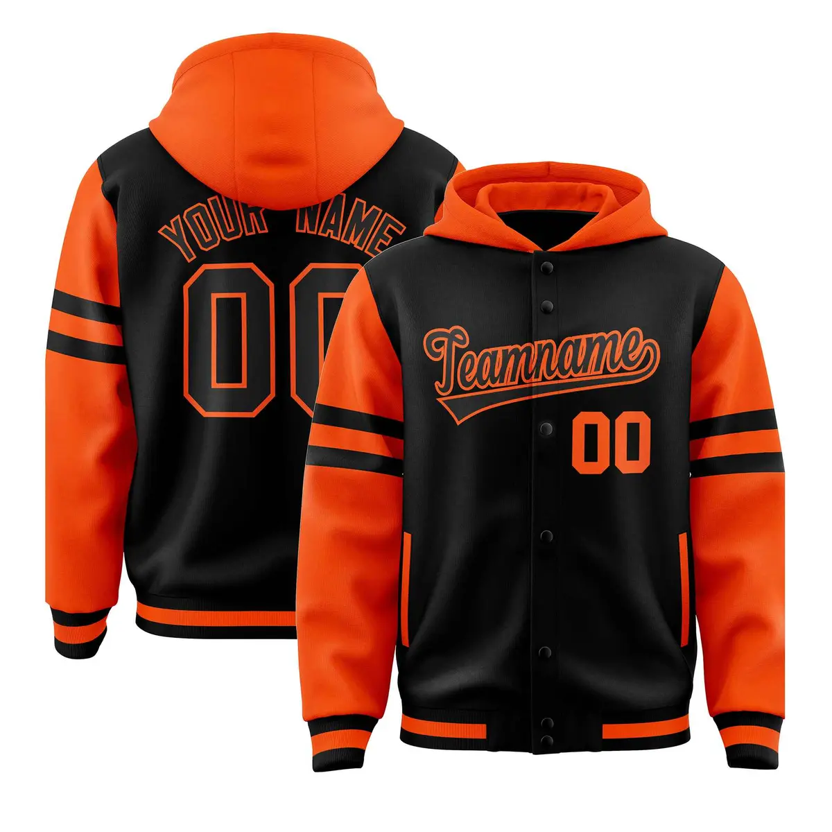 Black Orange Raglan Three Stripes Varsity Letterman Jacket Hoodie