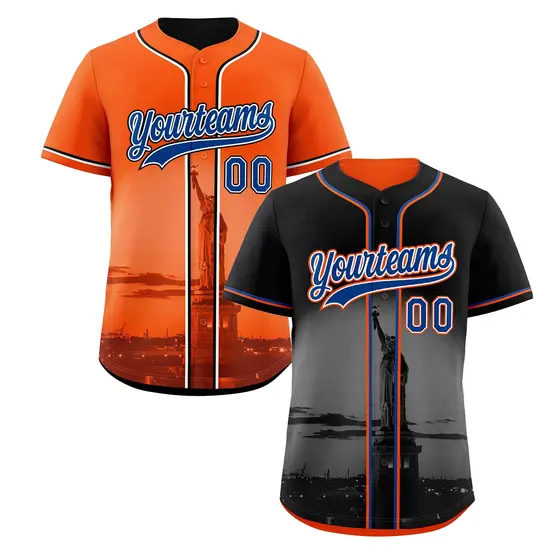 Black Orange Reversible City Skyline Graffiti Stretch Baseball Jersey