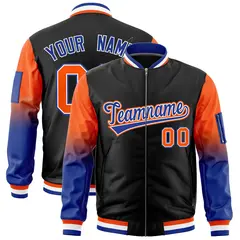 Black Orange-Royal Gradient Full-Zip Letterman Bomber Jacket
