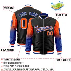 Black Orange-Royal Gradient Full-Zip Letterman Bomber Jacket 2