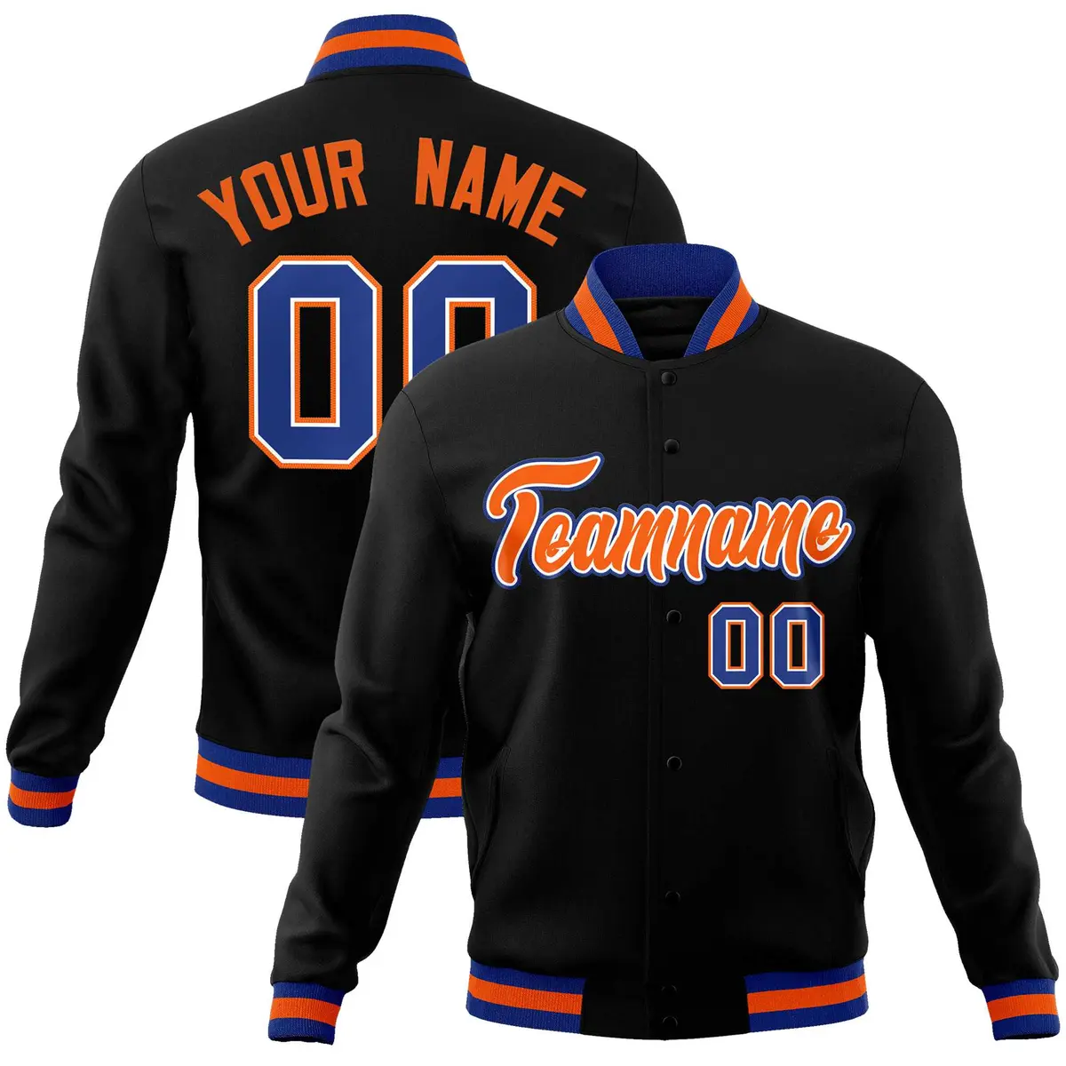 Black Orange-Royal Varsity Full-Snap Letterman Jacket