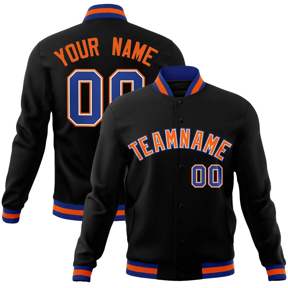 Black Orange-Royal Varsity Full-Snap Letterman Jacket