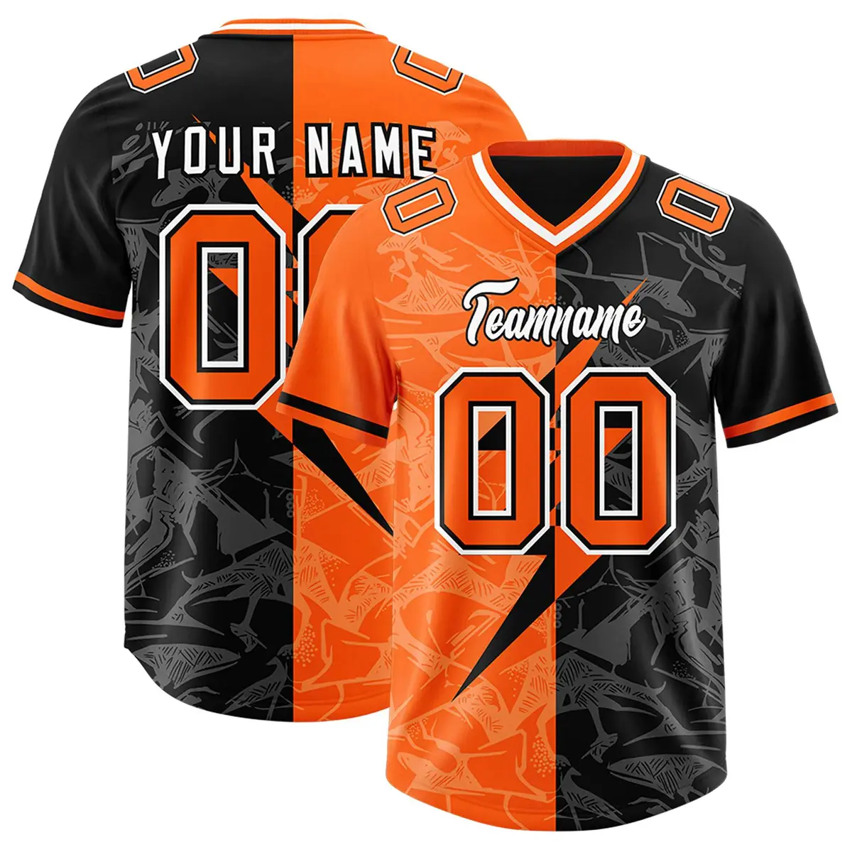 Black Orange Split Lightning Pattern Football Jersey