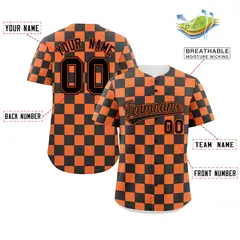 Black Orange Square Grid Color Block Baseball Jersey 2