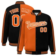 Black Orange Two Tone Color Block Varsity Bomber Jacket