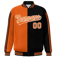 Black Orange Two Tone Color Block Varsity Bomber Jacket 3