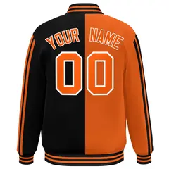 Black Orange Two Tone Color Block Varsity Bomber Jacket 4