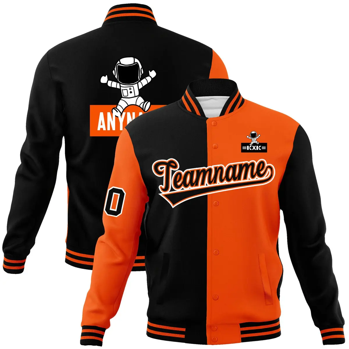 Black Orange Two Tone Split Varsity Full-Snap Raglan Letterman Jacket