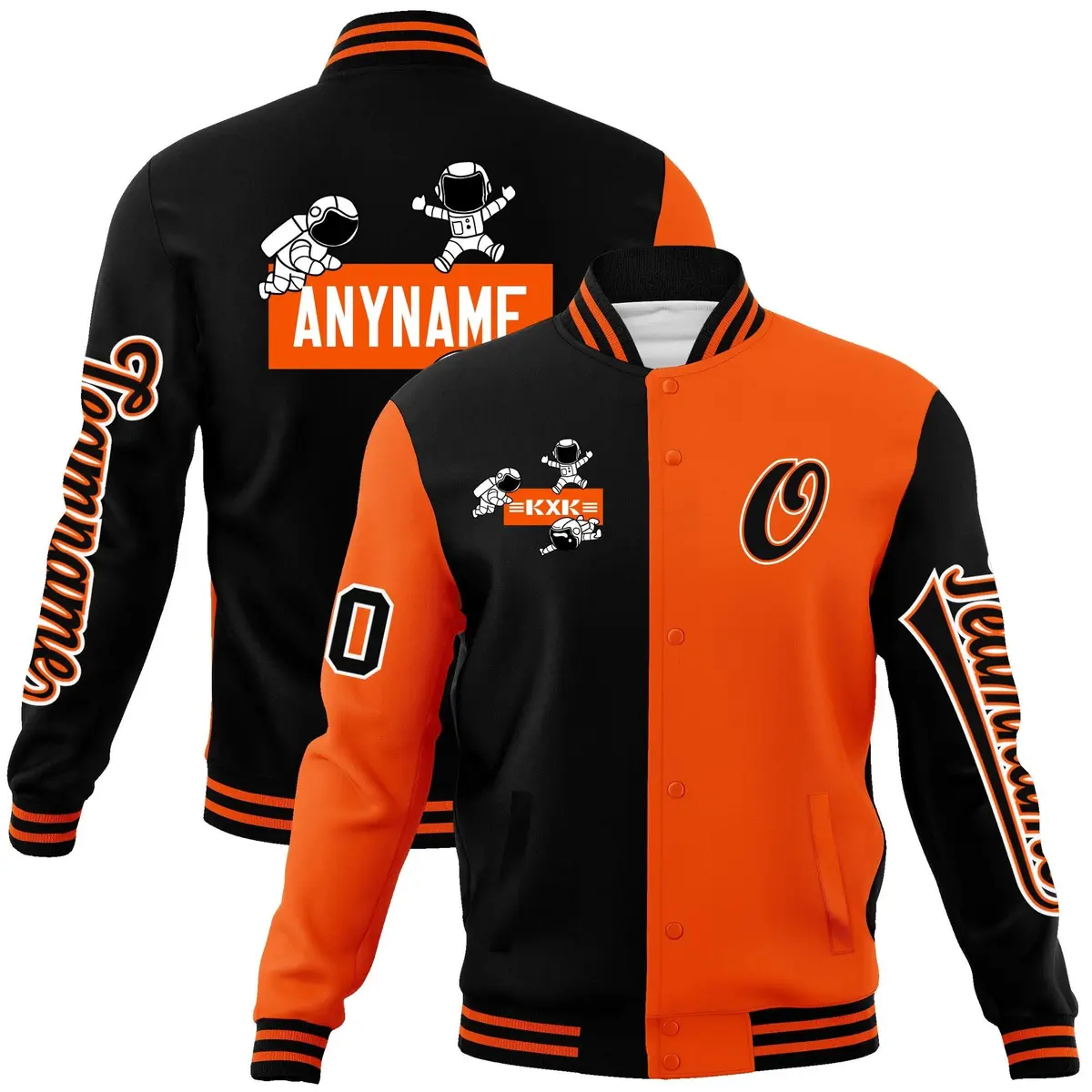 Black Orange Two Tone Split Varsity Full-Snap Raglan Letterman Jacket