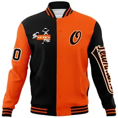 Black Orange Two Tone Split Varsity Full-Snap Raglan Letterman Jacket 5