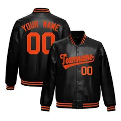 Black Orange Varsity Full-Snap Faux Leather Letterman Jacket