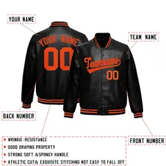 Black Orange Varsity Full-Snap Faux Leather Letterman Jacket 2
