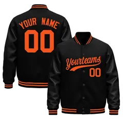 Black Orange Varsity Jacket with Faux Leather Sleeves 1