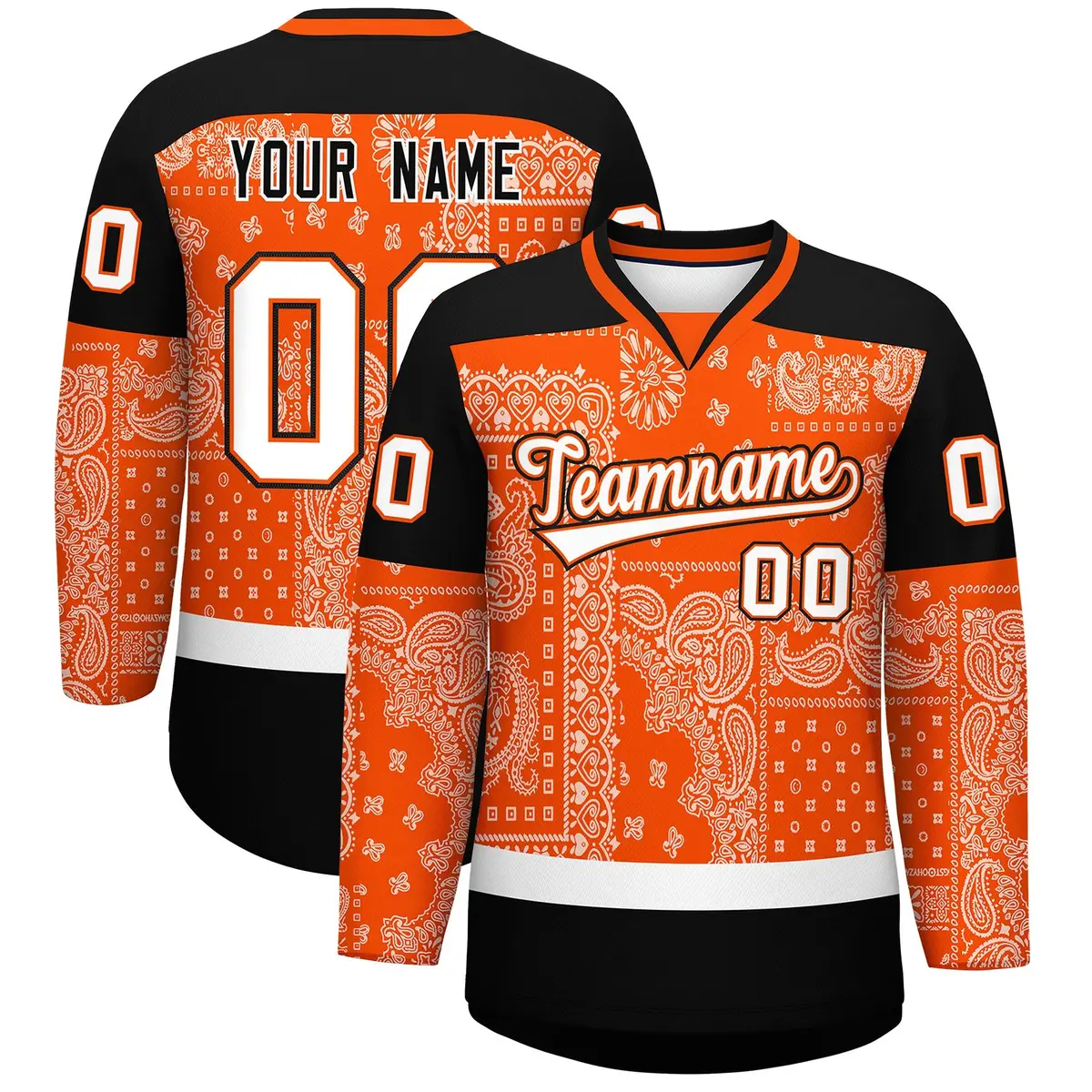 Black Orange White Cashew Flower Graffiti V-Neck Hockey Jersey