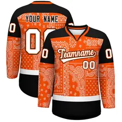 Black Orange White Cashew Flower Graffiti V-Neck Hockey Jersey