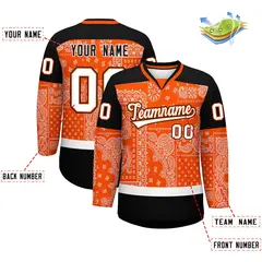 Black Orange White Cashew Flower Graffiti V-Neck Hockey Jersey 2