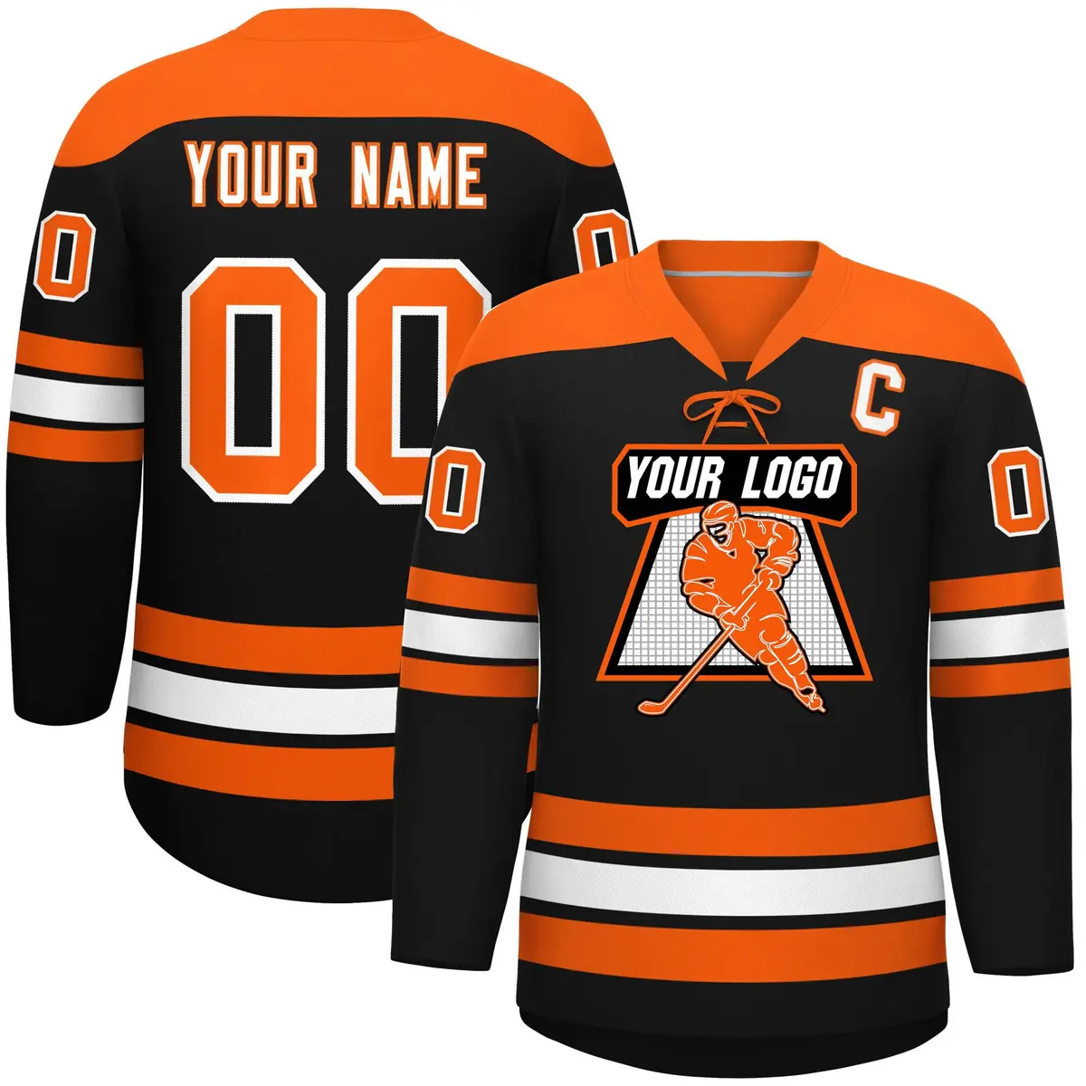 Black Orange White Classic Lace-Up Neck Hockey Jersey