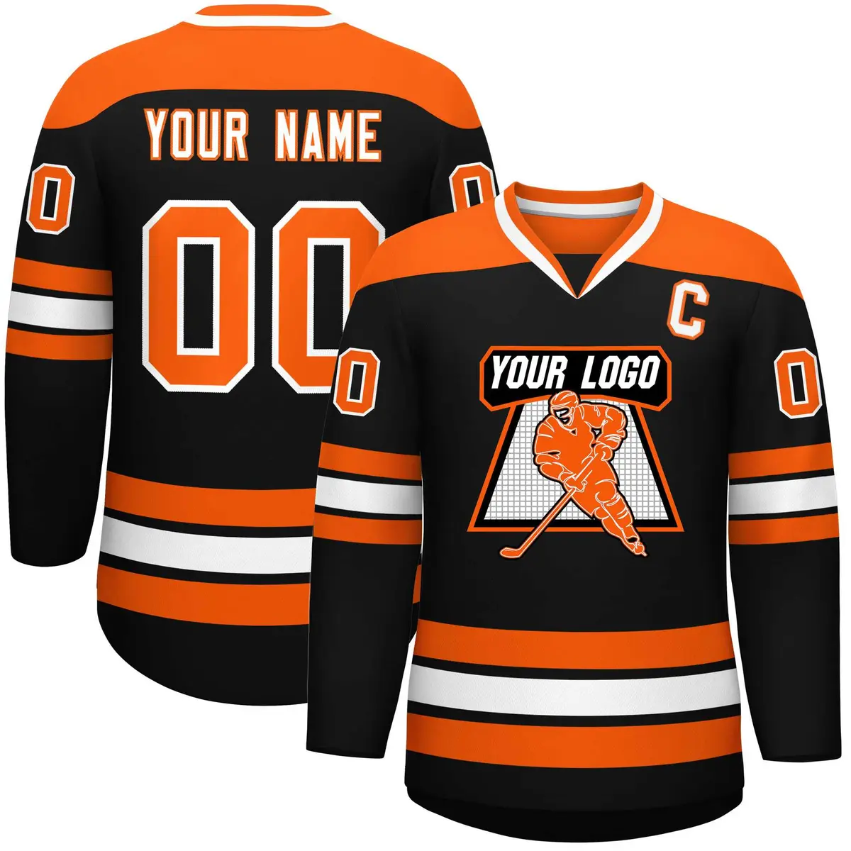 Black Orange-White Classic V-Neck Hockey Jersey