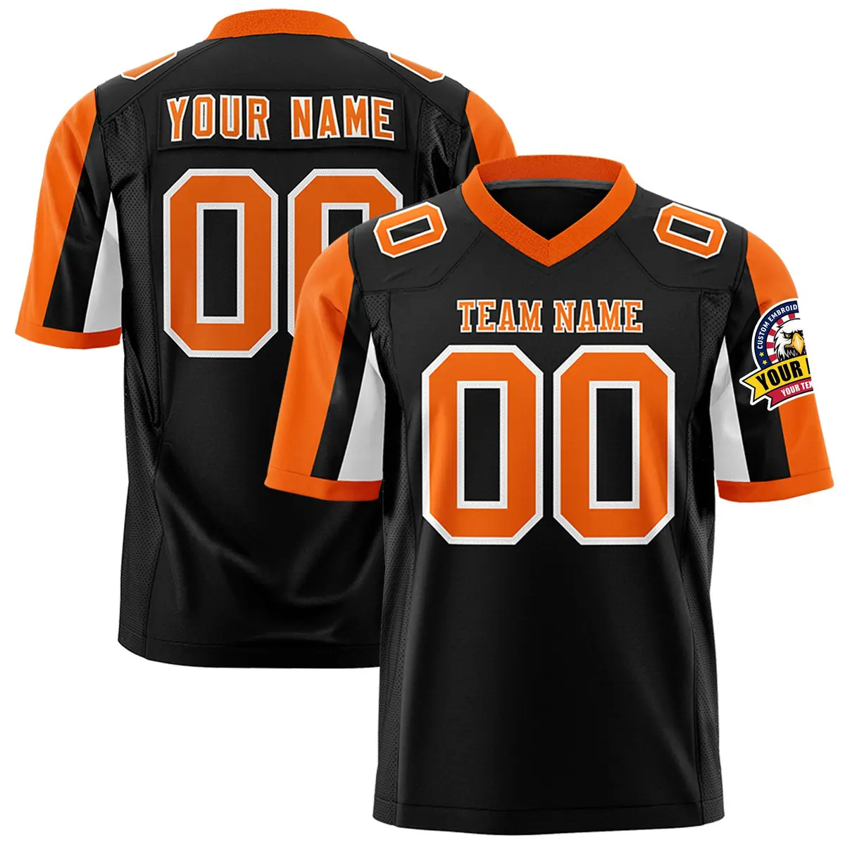 Black Orange-White Color Block Raglan Sleeves Football Jersey