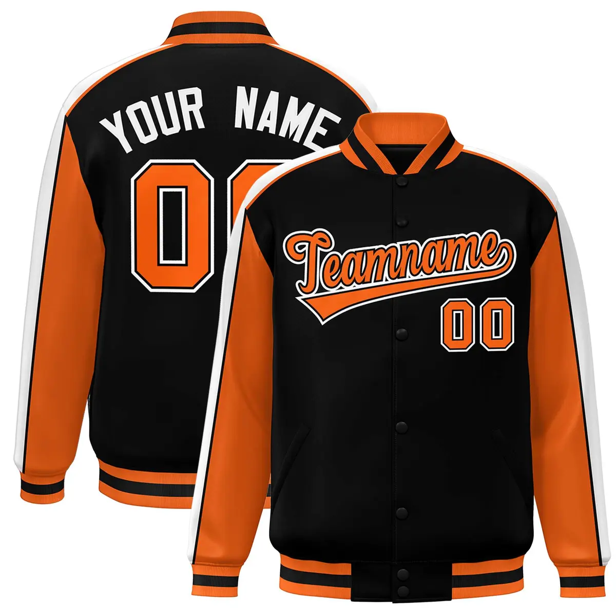 Black Orange-White Color Block Varsity Bomber Baseball Jacket