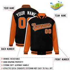 Black Orange-White Color Block Varsity Bomber Baseball Jacket 2