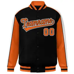 Black Orange-White Color Block Varsity Bomber Baseball Jacket 3