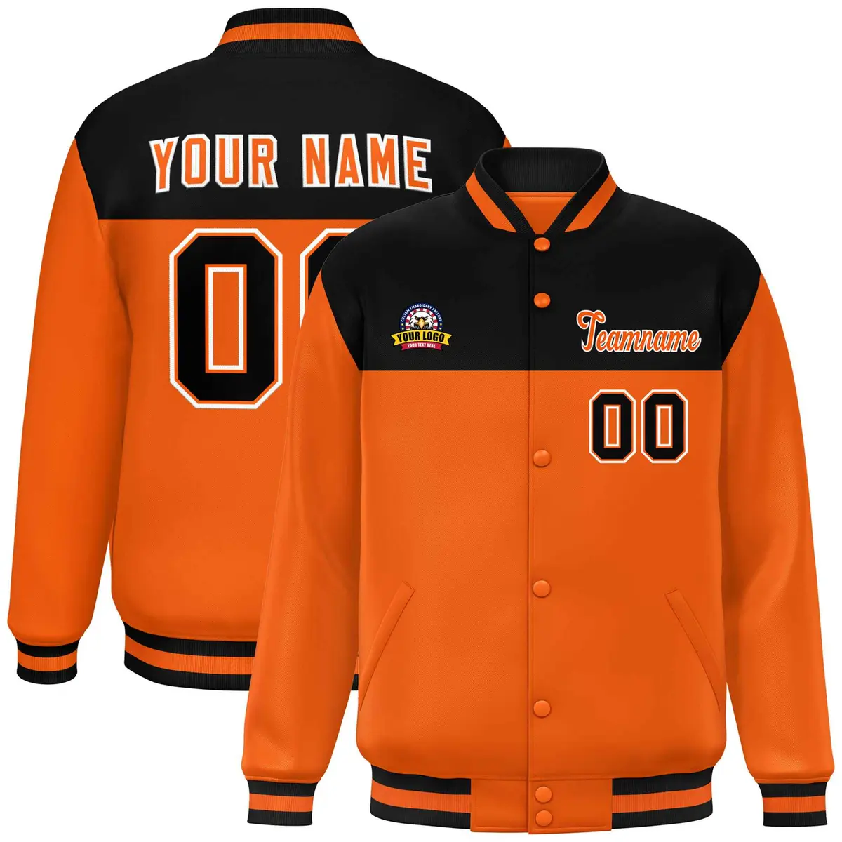 Black Orange-White Color Block Varsity Full-Snap Letterman Jacket