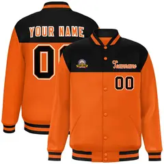 Black Orange-White Color Block Varsity Full-Snap Letterman Jacket