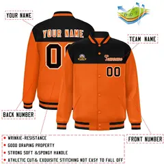 Black Orange-White Color Block Varsity Full-Snap Letterman Jacket 2
