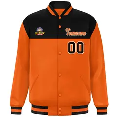 Black Orange-White Color Block Varsity Full-Snap Letterman Jacket 3