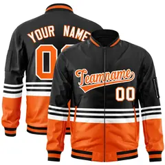 Black Orange-White Color Block Varsity Full-Zip Letterman Bomber Jacket
