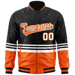 Black Orange-White Color Block Varsity Full-Zip Letterman Bomber Jacket 3
