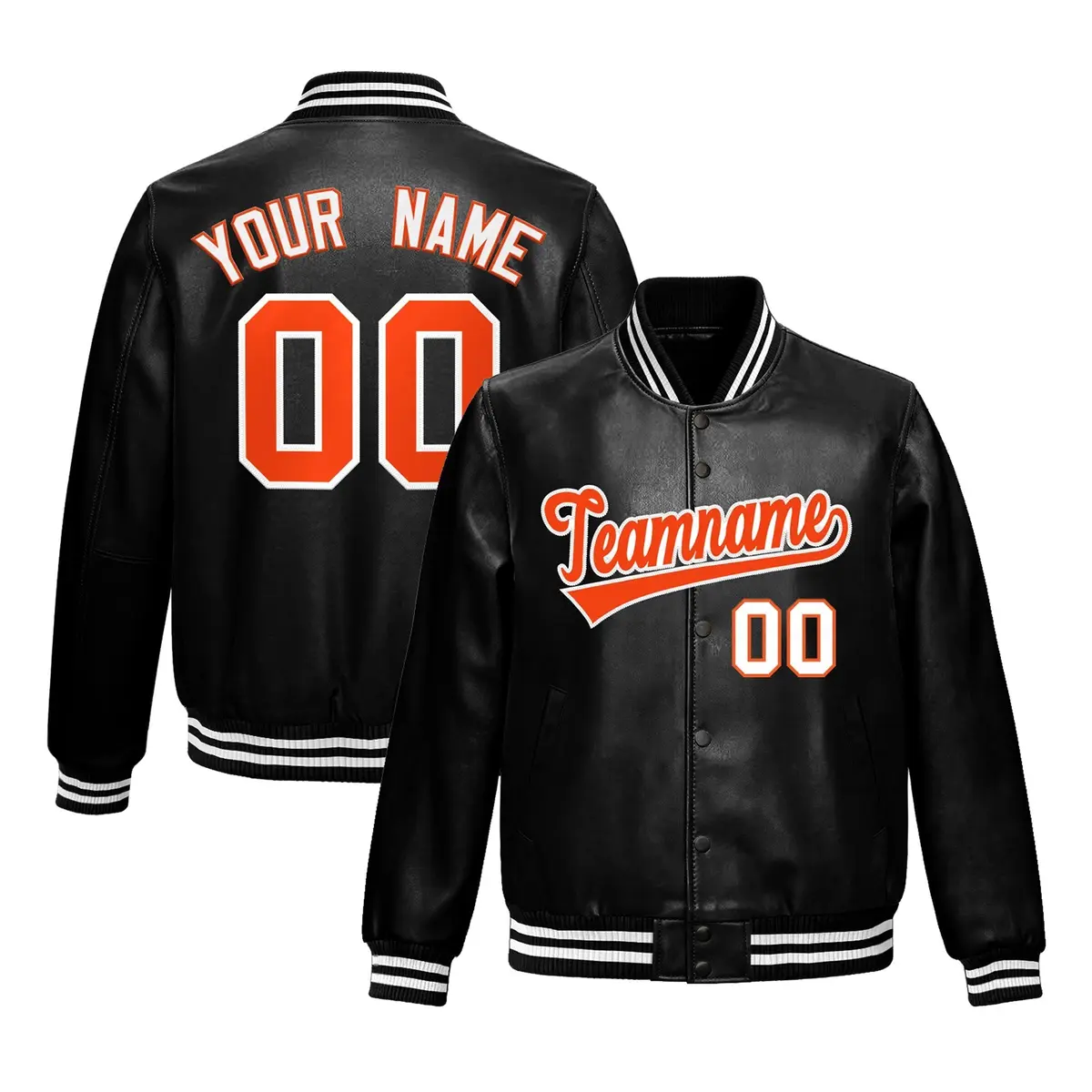 Black Orange White Full-Snap Faux Leather Varsity Letterman Jacket