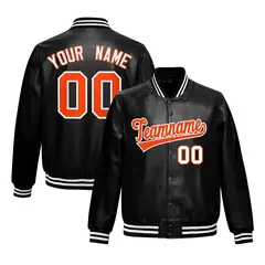 Black Orange White Full-Snap Faux Leather Varsity Letterman Jacket 1