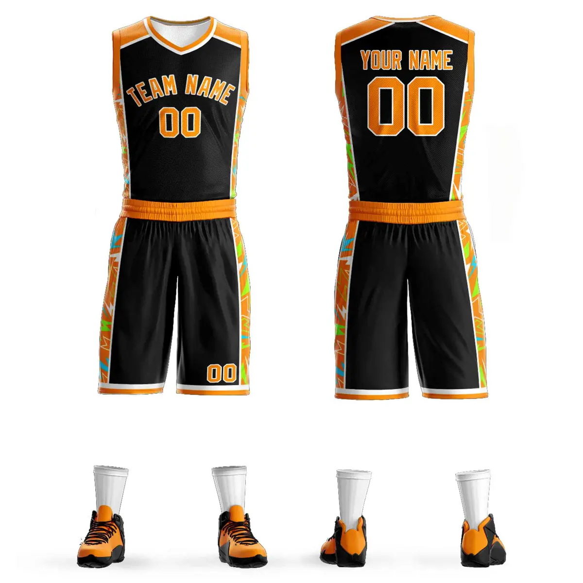Black Orange-White Graffiti Lightning Basketball Jersey