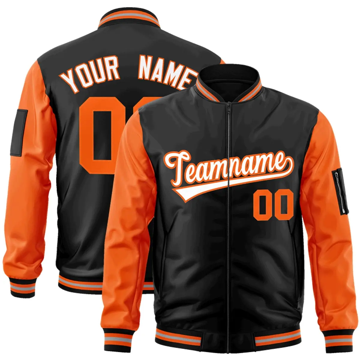 Black Orange-White Raglan Full-Zip Varsity Letterman Bomber Jacket