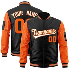 Black Orange-White Raglan Full-Zip Varsity Letterman Bomber Jacket