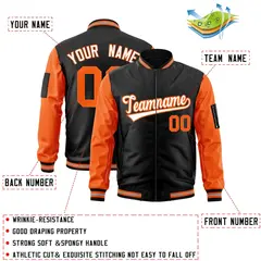 Black Orange-White Raglan Full-Zip Varsity Letterman Bomber Jacket 2