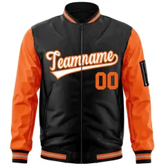 Black Orange-White Raglan Full-Zip Varsity Letterman Bomber Jacket 3
